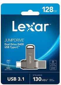 Lexar JumpDrive 128GB Dual Drive D400 Type-C/Type-C & Type-A,up to 130MB/s read (USB 3.1)         