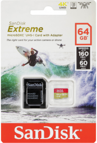 Sandisk atm. korta microSDXC 64GB Extreme 160MB/s A2 C10 V30 UHS-I U3 ActionCam